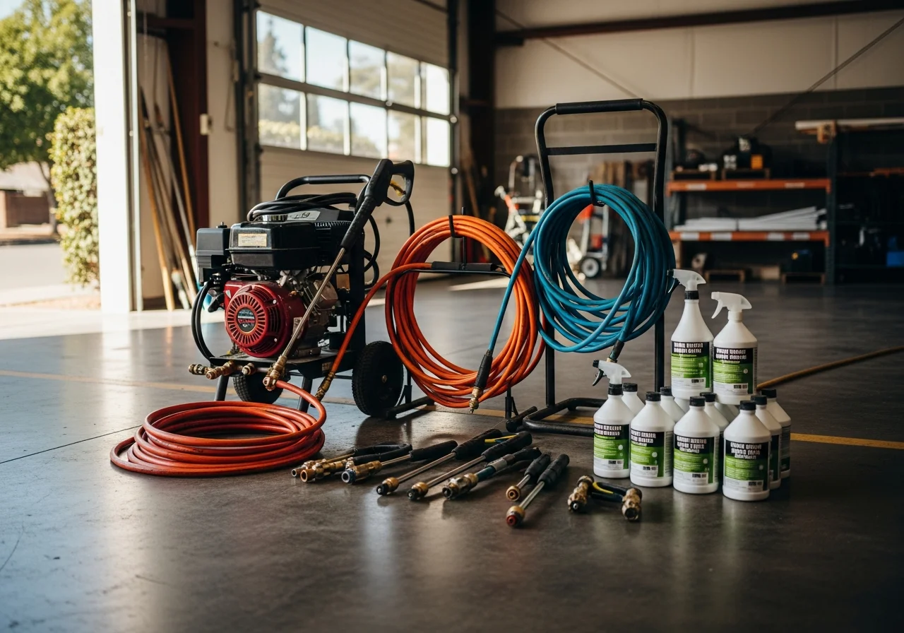 Professional power washing equipment and tools ready for exterior cleaning service.