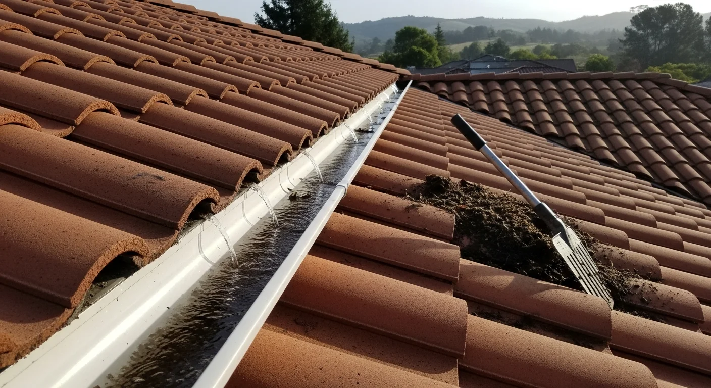 Clean residential gutters and roof edge after professional cleaning