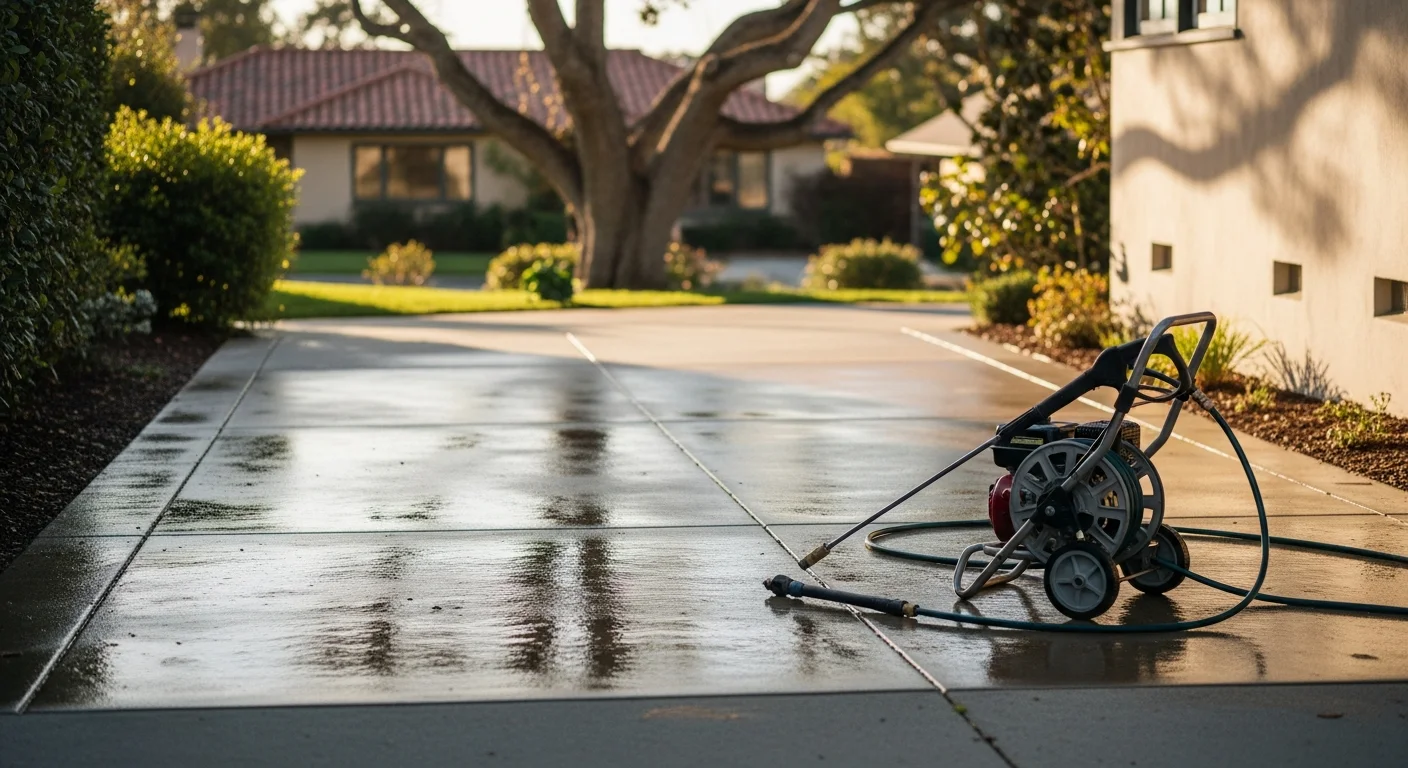 Professional pressure washing of residential driveway and patio