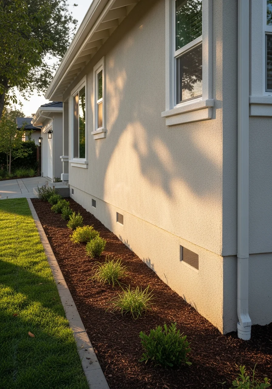 Close-up of a Novato home's exterior with quality finishes and proper grading visible around the foundation.