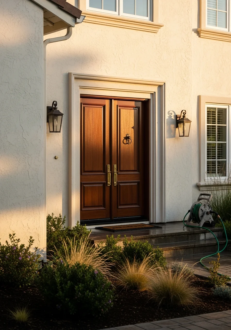 Close-up of a San Rafael home's front entrance and facade showing quality craftsmanship and attention to local design standards.
