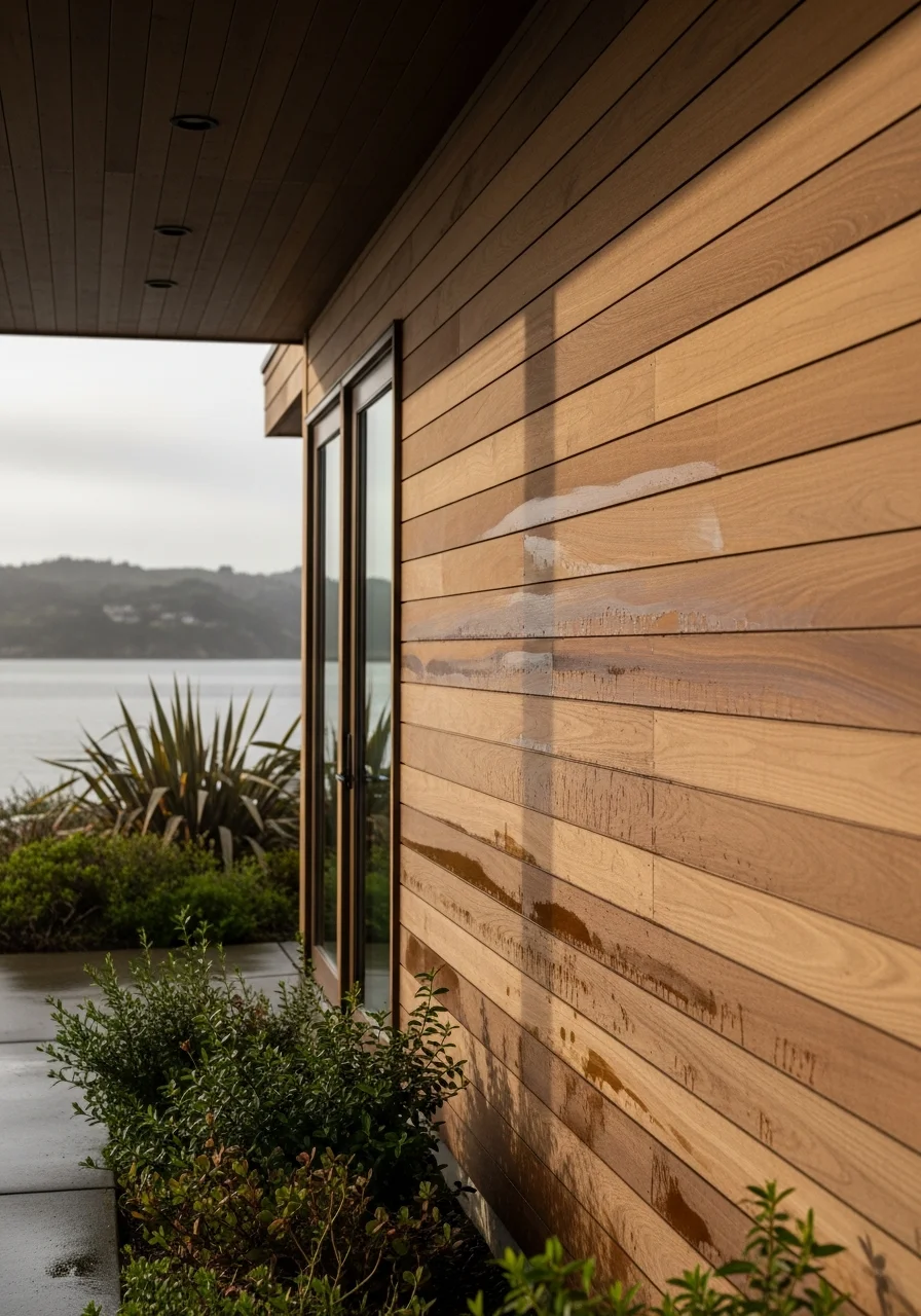 Detail of a Sausalito property's exterior with quality finishes and proper site grading visible.