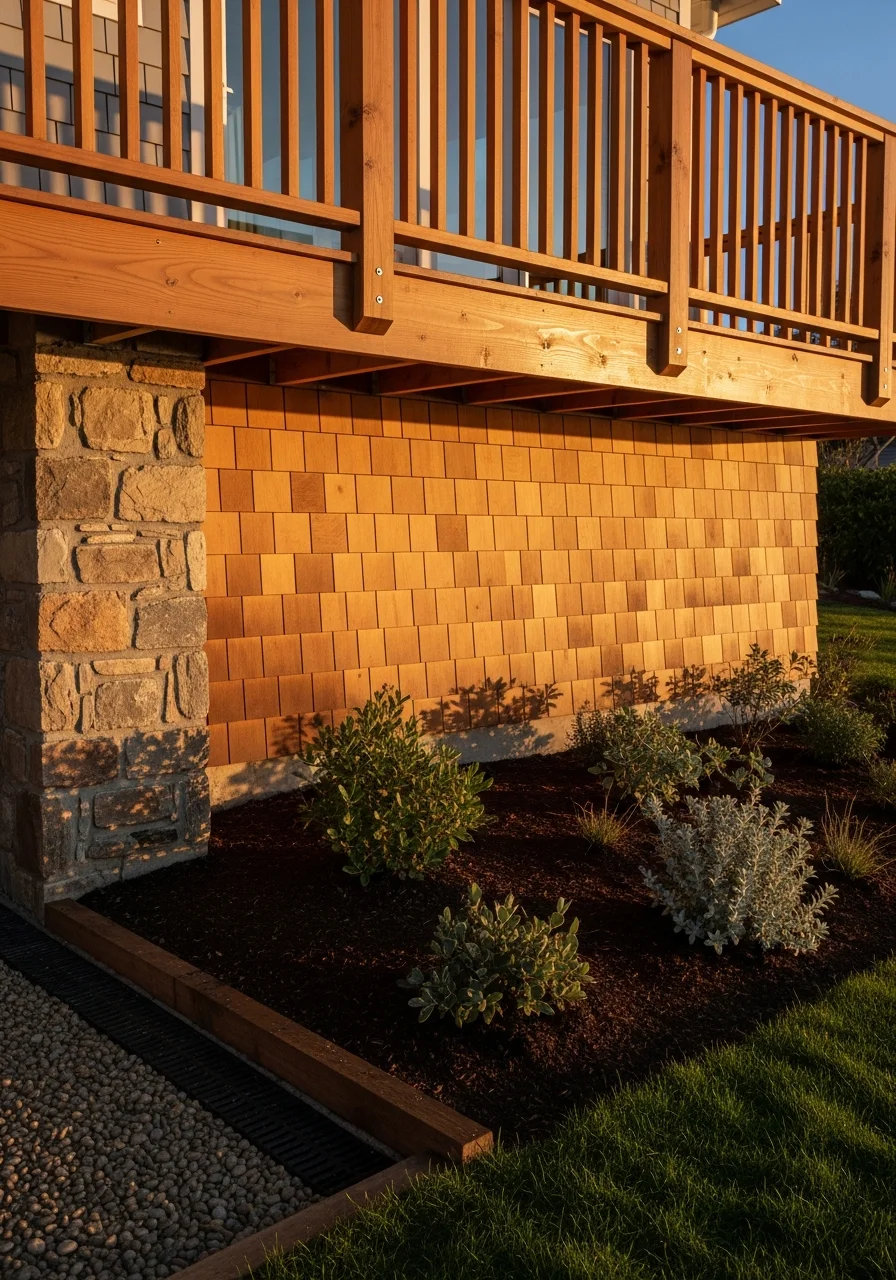 Detail of a Tiburon property's exterior with quality finishes and proper site grading visible.