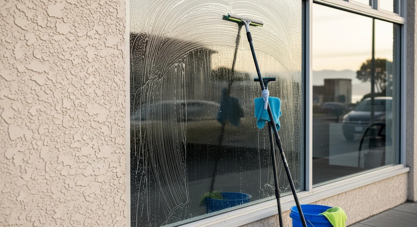 A commercial window cleaner cleaning the exterior glass facade of a multi-story office building in San Rafael, California. The cleaned windows reflect clear blue sky, with the surrounding Marin County streetscape visible below.