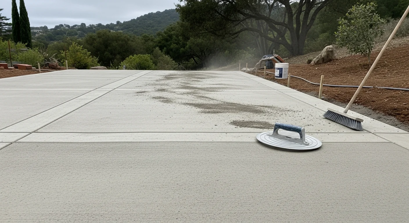 A freshly broom-finished concrete driveway at a residential property in San Rafael, CA, with clean edges and a slight drainage slope away from the garage. A stamped concrete patio with exposed aggregate texture is visible in the background, bordered by a low retaining wall typical of Marin County hillside homes.