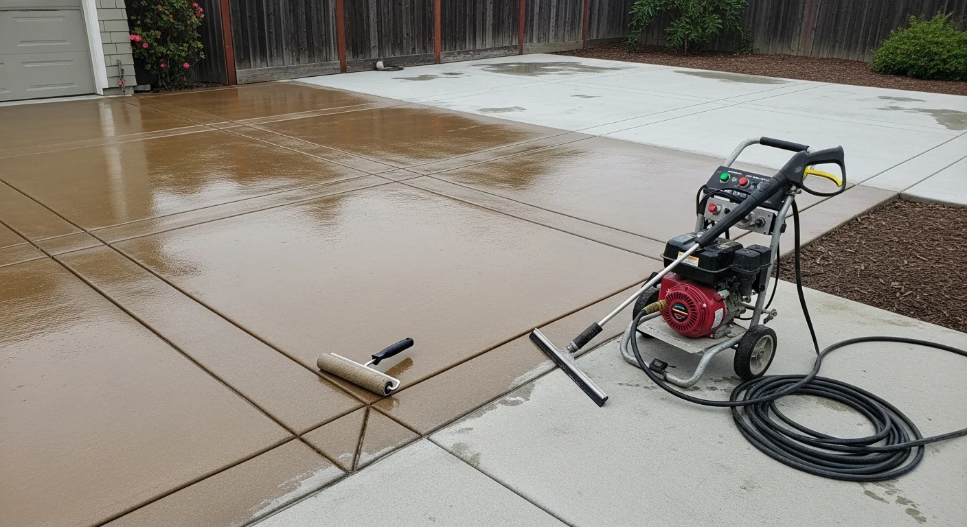 A freshly sealed residential concrete driveway in San Rafael, CA with a clean, even finish and no visible staining or surface cracks. The surrounding landscape reflects a typical Marin County property with mature trees and a single-family home in the background.
