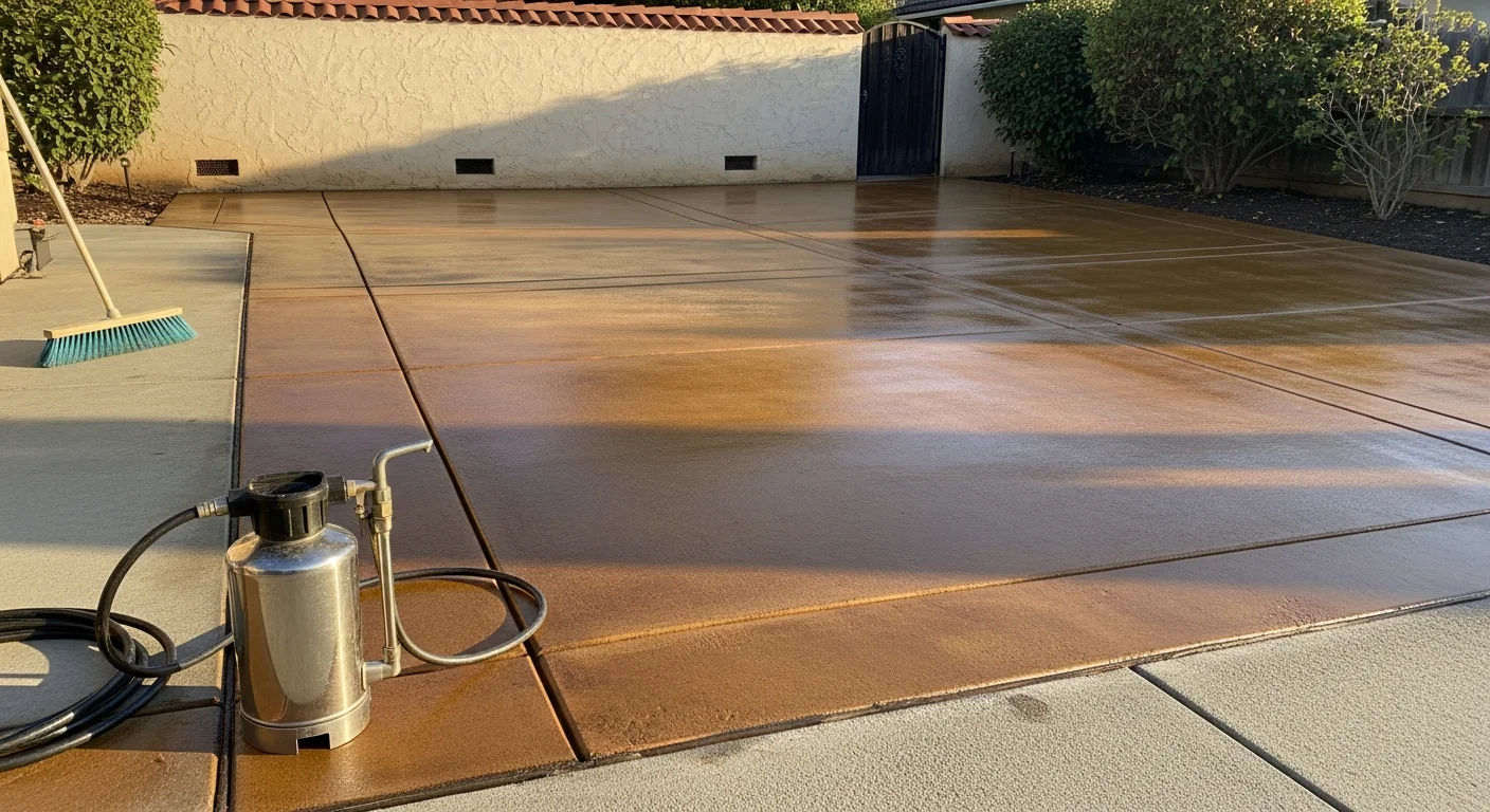 Freshly stained concrete patio at a residential property in San Rafael, CA, showing rich earth-tone color and a smooth sealed finish. The surface borders a backyard lawn with the characteristic rolling hills of Marin County visible in the background.