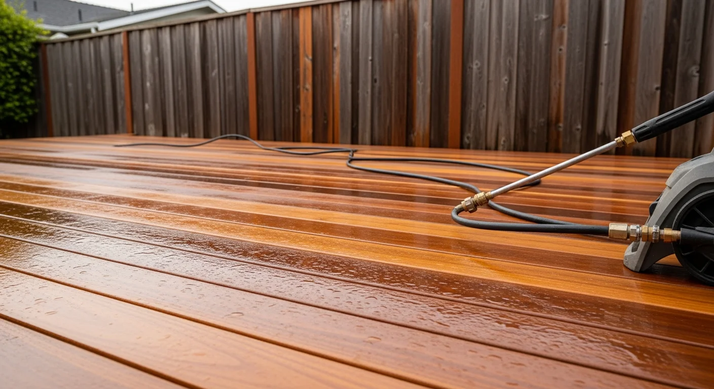 A clean wood deck and fence in San Rafael, California after professional pressure washing, showing restored natural wood color with no visible mold or discoloration. A hillside residential yard is visible in the background.