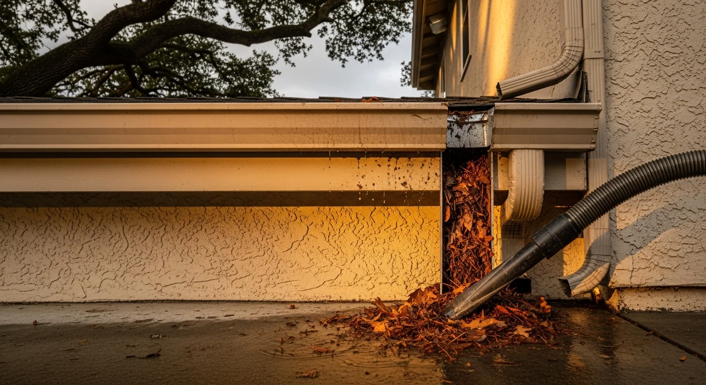 A technician from Golden State Power Wash flushing a residential downspout on a single-story San Rafael home, with water flowing freely from the downspout outlet onto a gravel splash pad. The surrounding yard shows mature oak trees typical of Marin County neighborhoods.