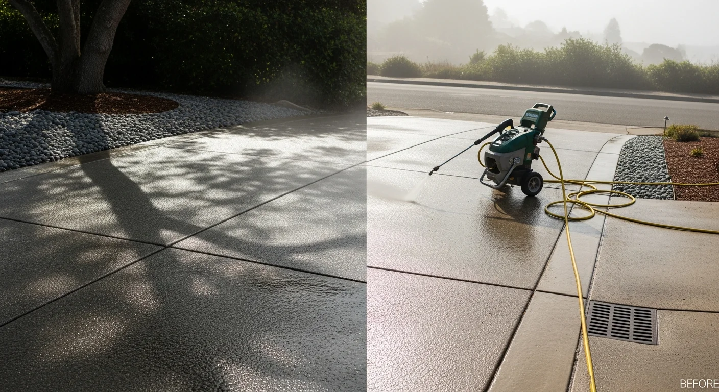 A clean concrete driveway and stone pathway at a San Rafael, CA home after pressure washing, with visible contrast between the freshly cleaned surface and surrounding landscaping. Algae and dark staining have been fully removed, restoring the natural color of the concrete.