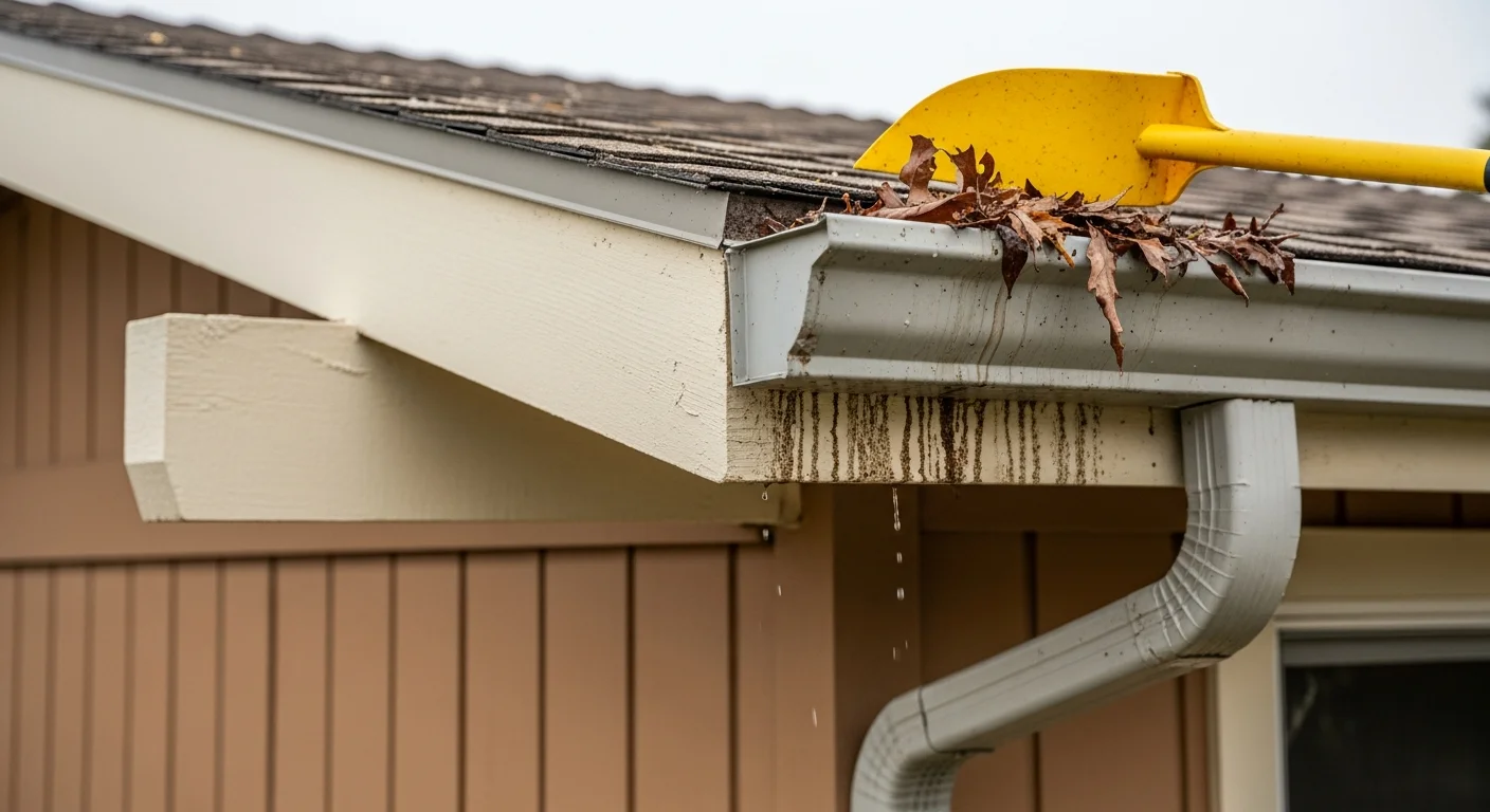 A technician from Golden State Power Wash clearing packed leaf debris and dirt from a residential gutter on a single-story home in San Rafael, CA. The cleaned gutter section shows open, unobstructed drainage with a flushed downspout visible at the corner of the house.