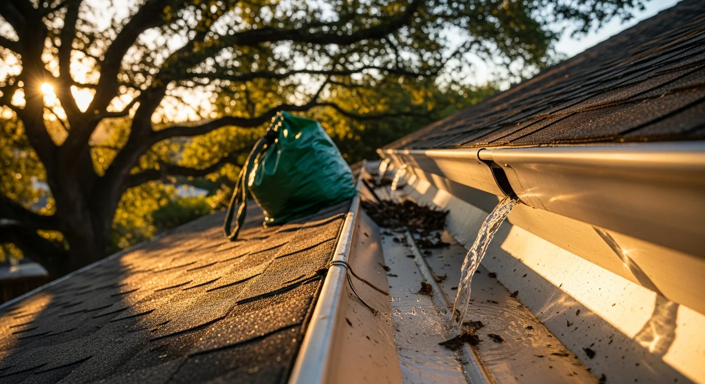 A technician from Golden State Power Wash removing packed leaf and twig debris from a residential gutter on a San Rafael home. Clean, empty gutter channel visible after debris has been cleared and bagged.