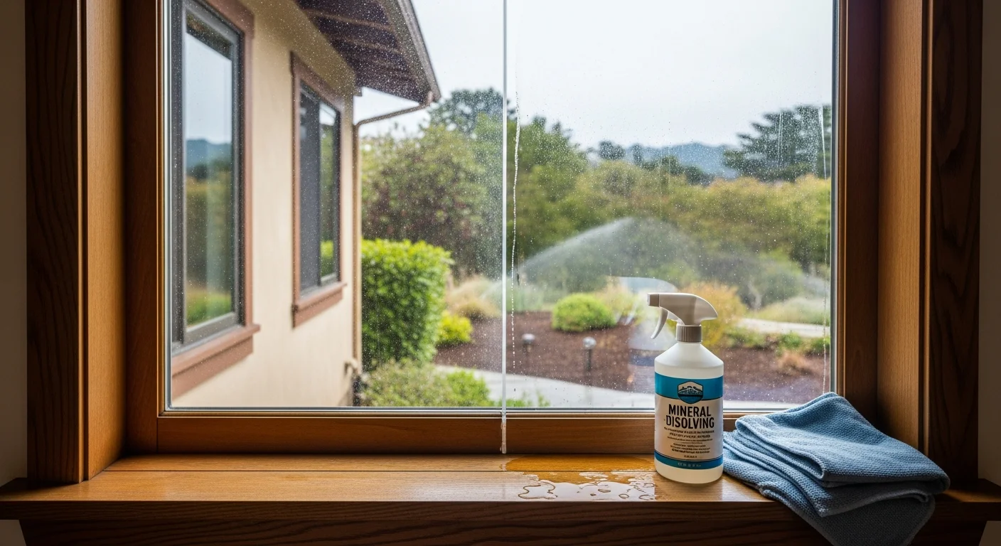 A San Rafael home's exterior window showing before-and-after hard water spot removal, with one half of the glass displaying white mineral deposits and the other half restored to clear transparency. A window cleaning technician applies a mineral-dissolving solution to the spotted glass surface.