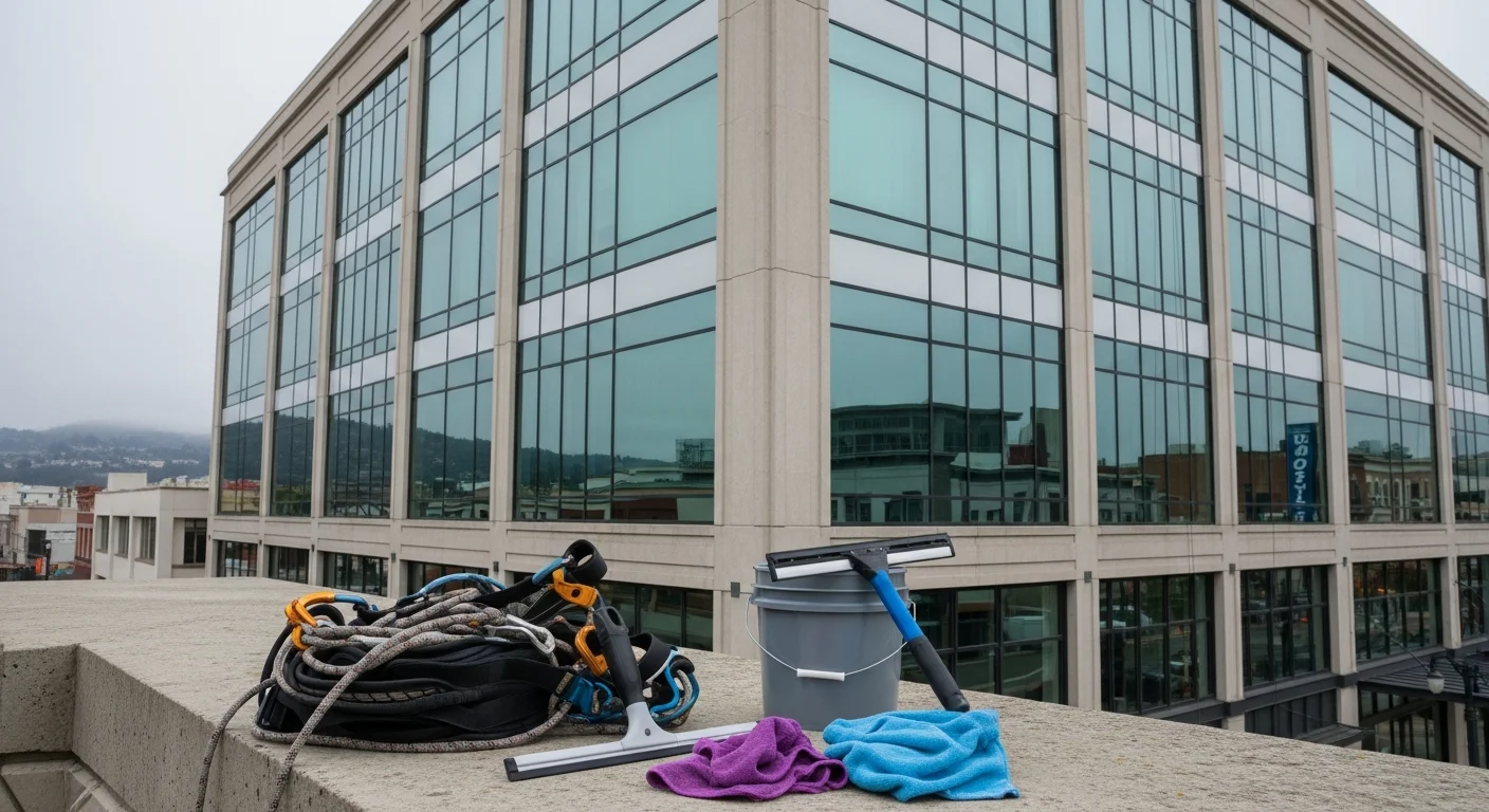 A technician on a rope descent system cleaning the upper-floor glass facade of a multi-story commercial building in downtown San Rafael, CA. The cleaned windows reflect the clear sky above Marin County while the street level remains unobstructed below.