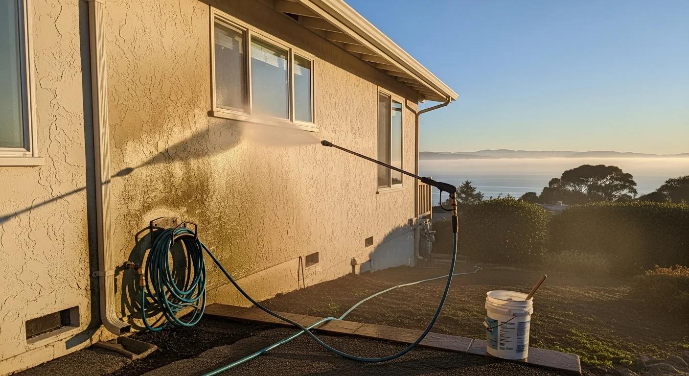A San Rafael home exterior showing clean stucco siding after professional softwashing, with no visible algae streaks or mildew staining. A technician applies low-pressure cleaning solution to the front facade of a single-story residential property.