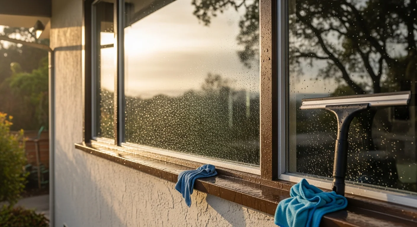 A Golden State Power Wash technician cleaning the exterior windows of a single-story San Rafael home, with clear streak-free glass reflecting the surrounding hillside. The technician is working from ground level on a residential property typical of the Terra Linda and Sun Valley areas of San Rafael, CA.