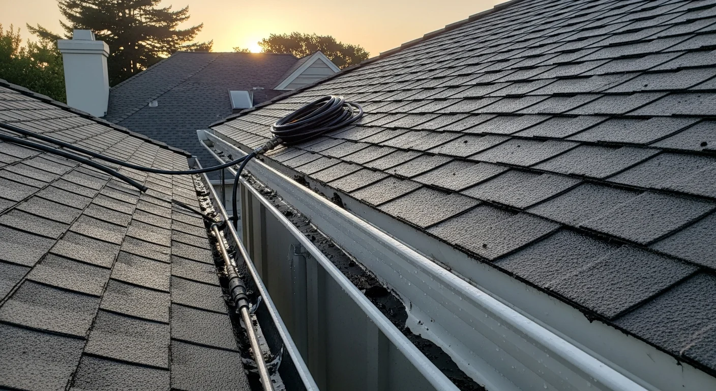 A San Rafael residential rooftop after professional cleaning, showing cleared shingles free of moss and dark streaking. Clean gutters and downspouts run along the roofline with no visible debris or blockage.