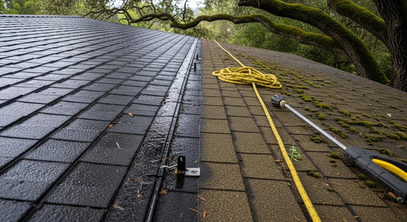 A San Rafael residential roof after professional cleaning, showing shingles cleared of moss and dark algae streaks with the surrounding Marin County hillside visible in the background. A technician from Golden State Power Wash works on the roofline from a stable position, with cleaned and uncleaned sections visible side by side.