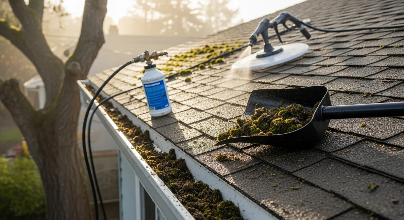 A San Rafael residential rooftop after professional moss removal, showing clean shingles free of green growth. A technician from Golden State Power Wash uses a low-pressure hose to rinse treated shingle surfaces.