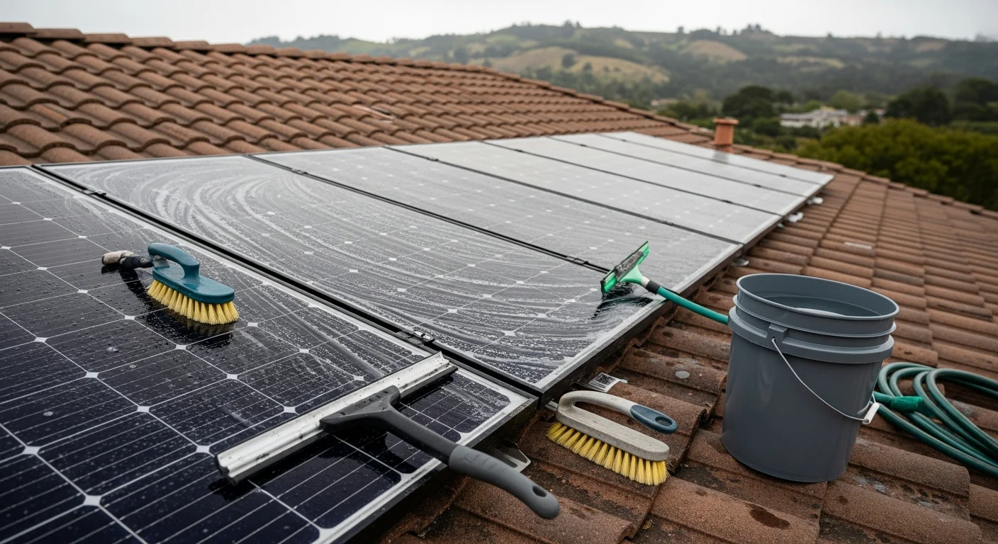 A technician cleaning rooftop solar panels on a residential home in San Rafael, CA, removing fog residue and debris from panel glass. The Marin County hillside landscape is visible in the background.