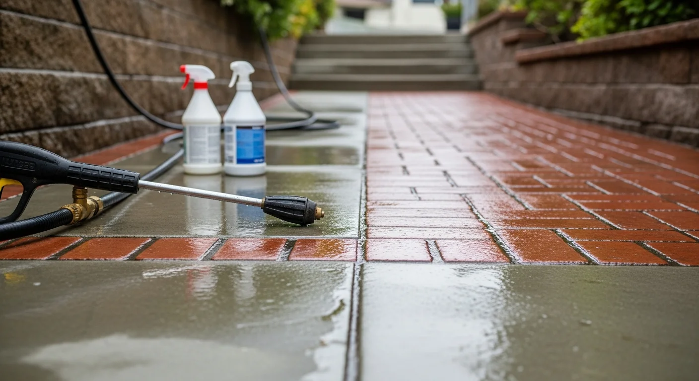 A San Rafael residential brick walkway and stone retaining wall after pressure washing, showing clean, restored masonry with no visible algae or dark staining. Water runs off the surface as a technician from Golden State Power Wash rinses the final section of the pathway.