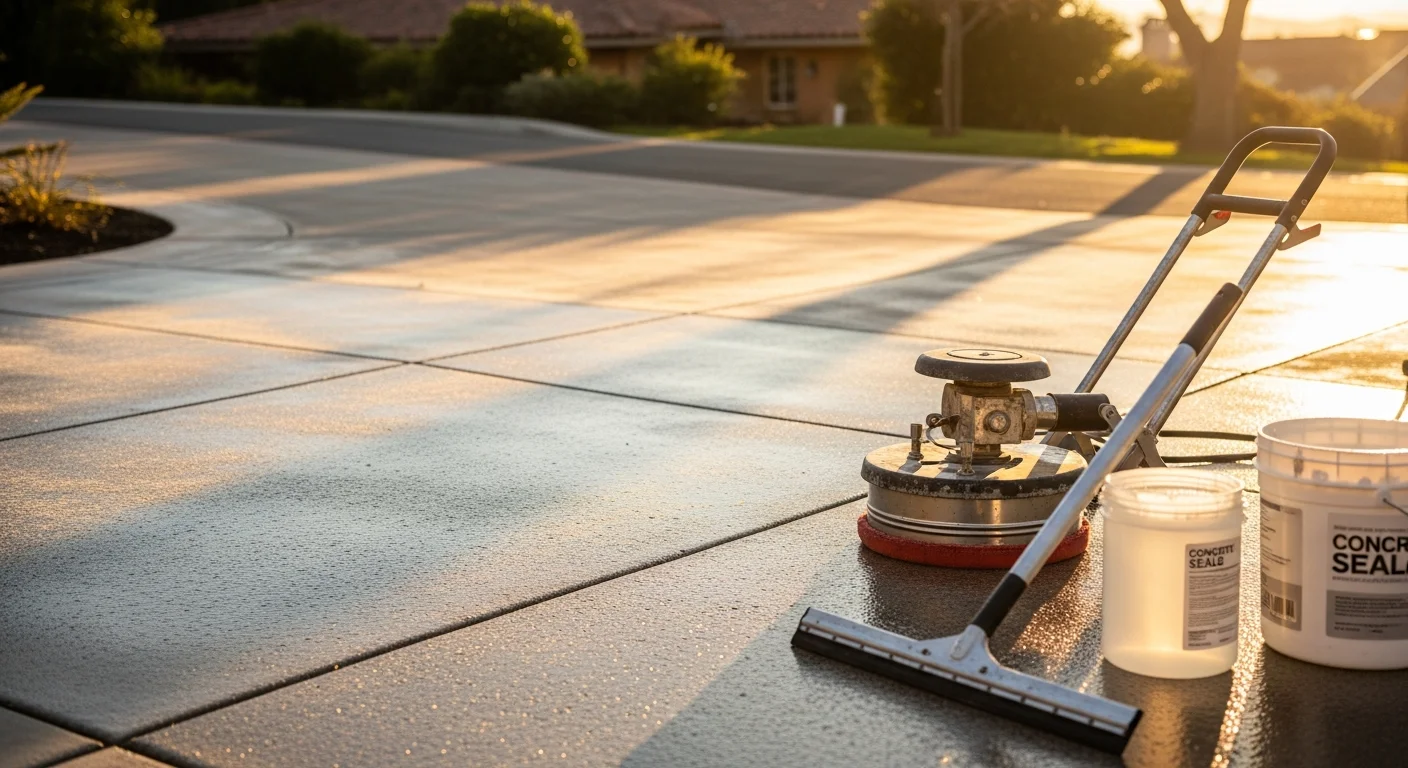 Freshly sealed concrete driveway at a residential property in San Rafael, CA, showing a clean, even surface with a low-sheen protective finish. The surrounding landscaping and street-facing curb reflect a typical Marin County single-family home setting.