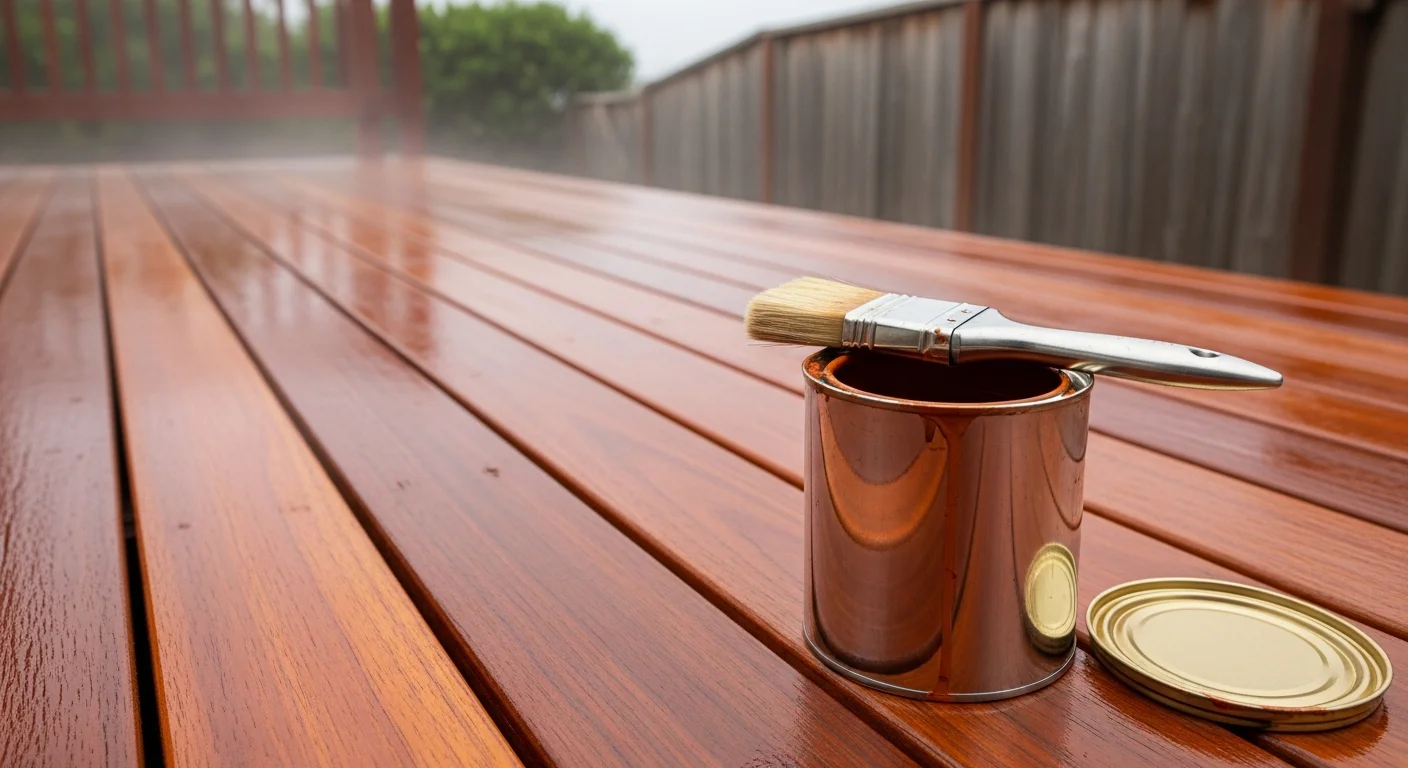 A freshly stained wood deck on a residential property in San Rafael, CA, with restored natural grain visible across the boards. A wood fence along the property line shows an even, newly applied stain finish under Marin County afternoon light.